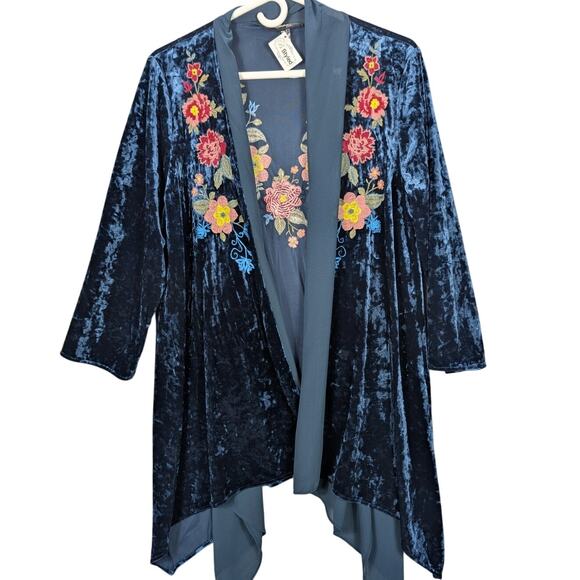 Andree by Unit Open Cardigan Womens Medium Crushed Velvet Blue Floral Embroider - Picture 1 of 10